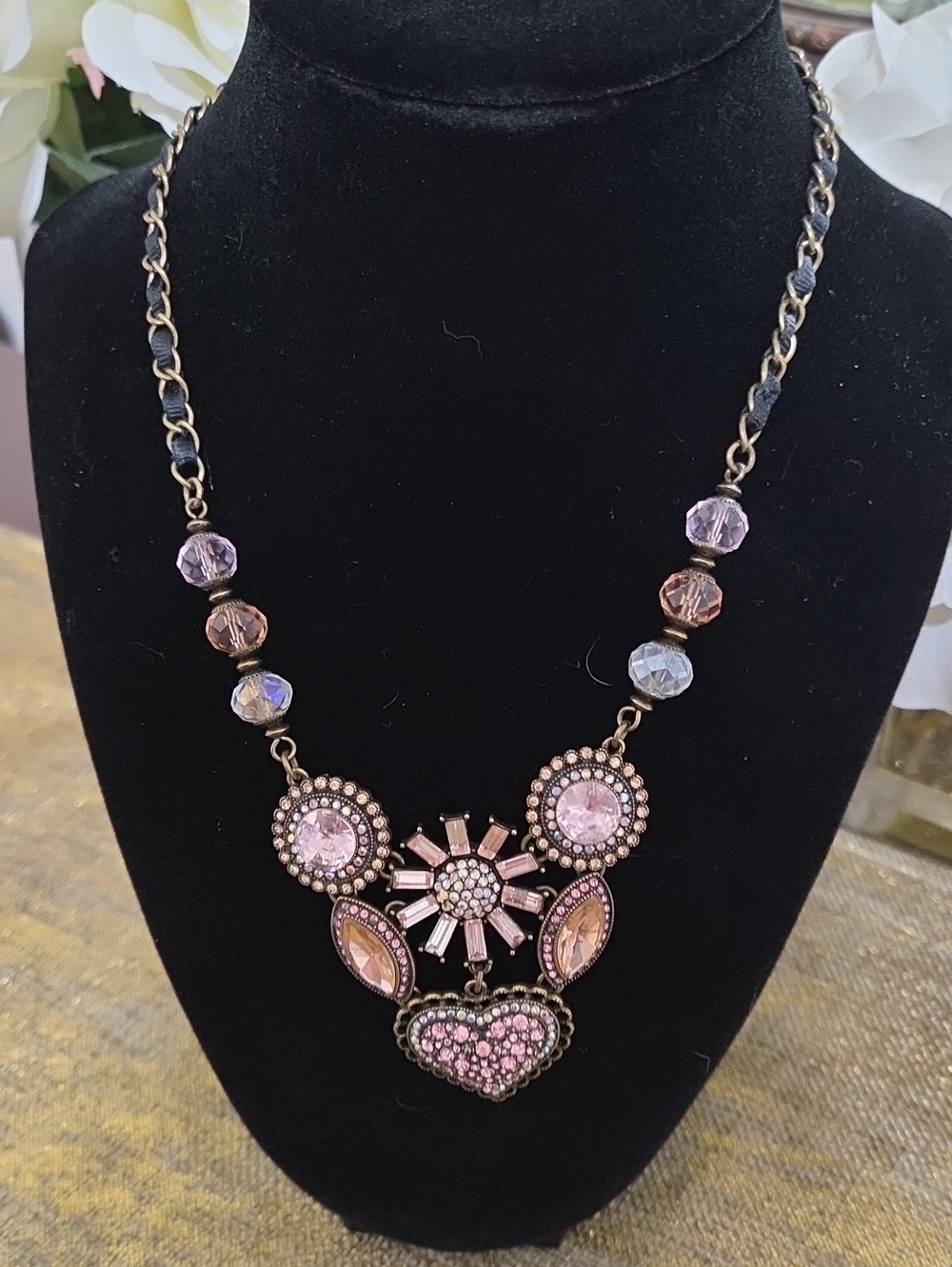 BETSEY JOHNSON Pink Crystal Heart & Floral Statement Necklace - Picture 2 of 5